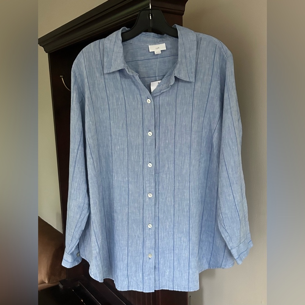 NWT J. JILL Blue Linen Stripe Long Sleeve Button Down Shirt Classic Office | XLP - Picture 4 of 16